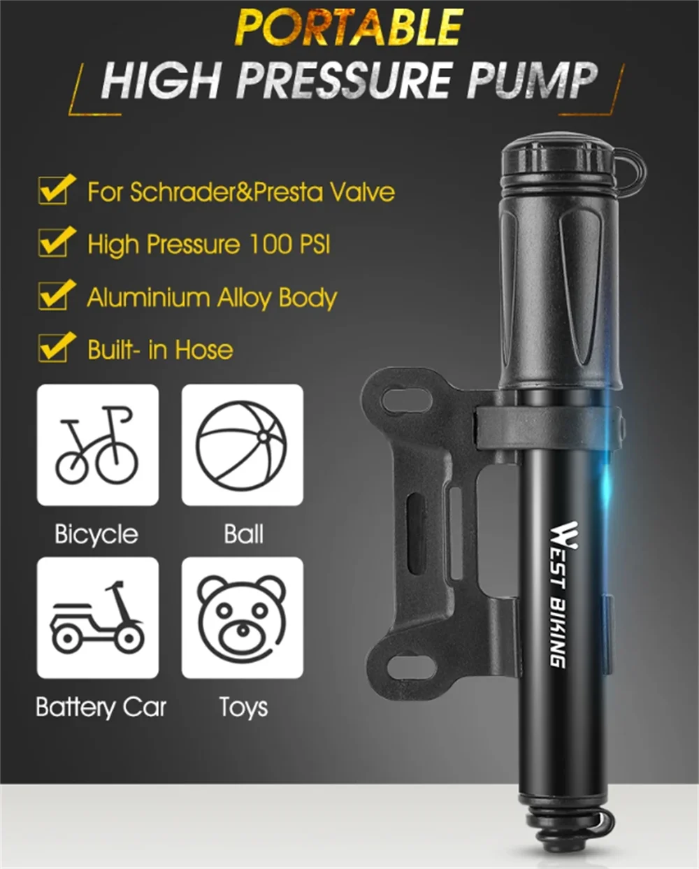 Mini bomba de aire para bicicleta de montaña, bomba de aire manual para bicicleta de aleación de aluminio, inflador de neumáticos, 100PSI - imagen 5