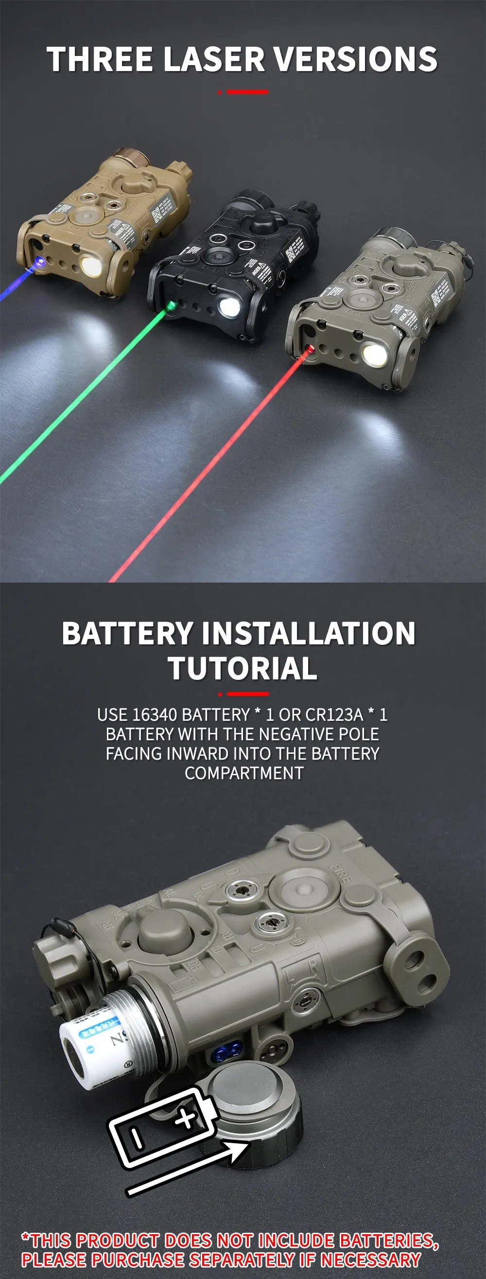 Un póster con tres versiones láser y un tutorial de instalación de baterías