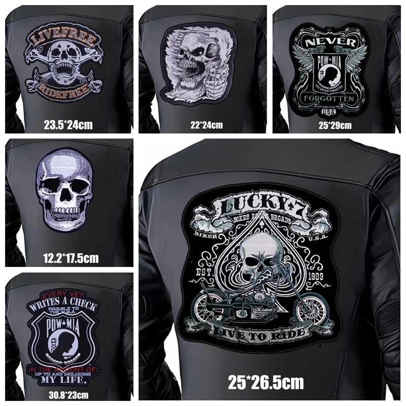 Parches bordados en la espalda grande, parche de motorista de calavera para motocicleta DIY, parches para planchar para chaquetas de cuero, parche trasero Punk para coser/planchar