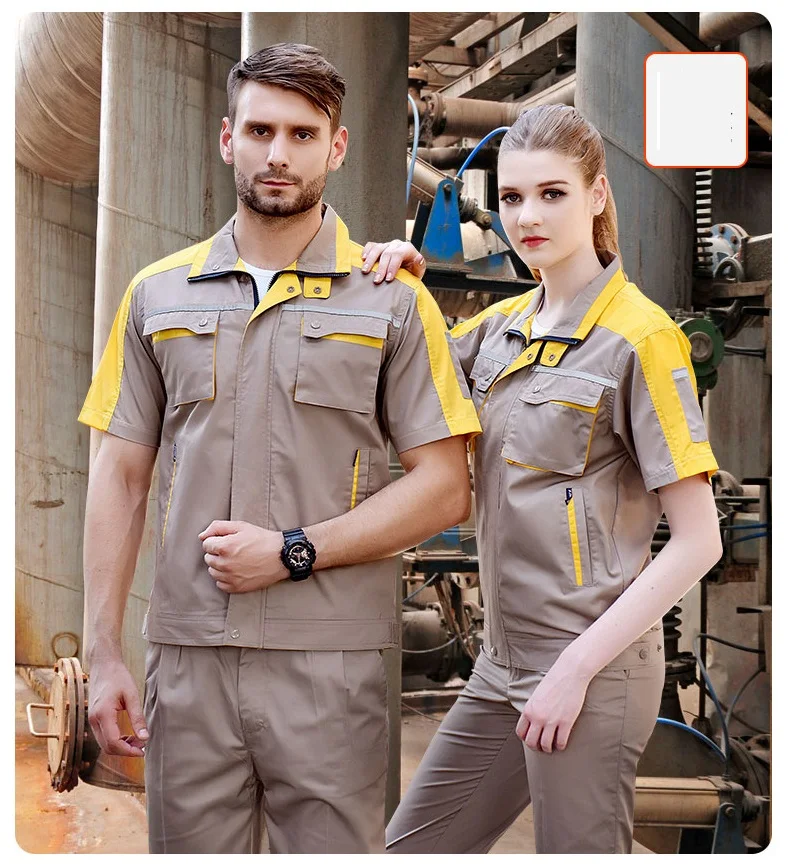 Ropa de trabajo de verano para hombres y mujeres, uniformes de taller de fábrica, conjunto de ropa de trabajo, monos de manga corta, reflectantes de seguridad de Color de contraste - imagen 5
