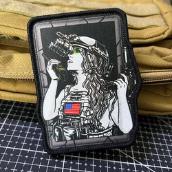 Parche Táctico de Guerrera, Insignia de Moral, Impresión de Chica Guerrera con Cabello Largo, Parches con Gancho y Bucle, Adhesivo para Mochila Militar