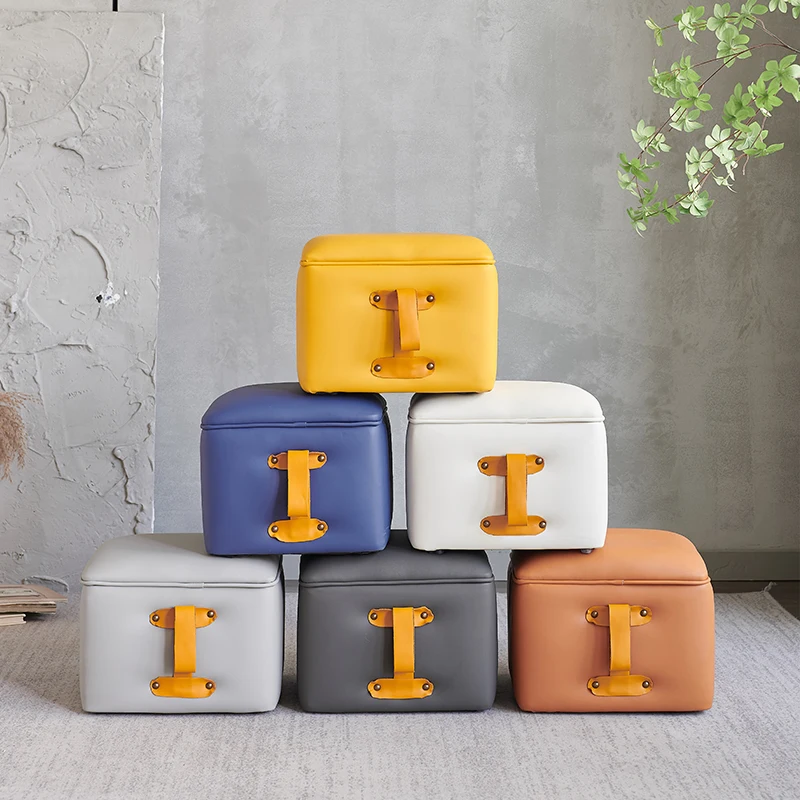 Taburete cuadrado de cuero, taburete bajo, sala de estar, taburete para cambiar zapatos en la puerta, creativo - imagen 3