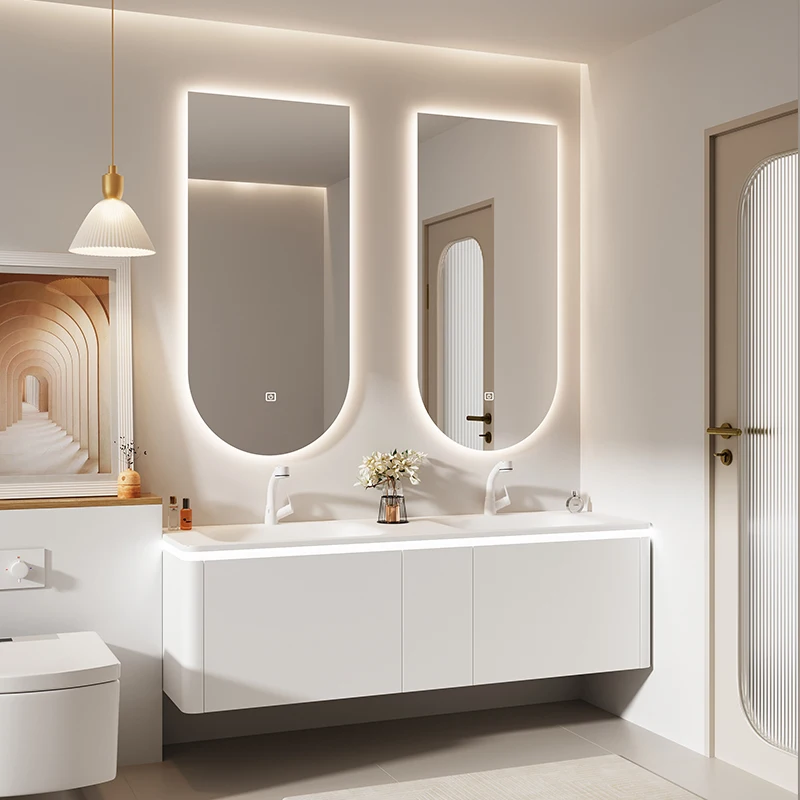Lavabo integrado personalizado, mueble de baño de roble, soporte de baño, espejo inteligente, lavabo doble, importado - imagen 2