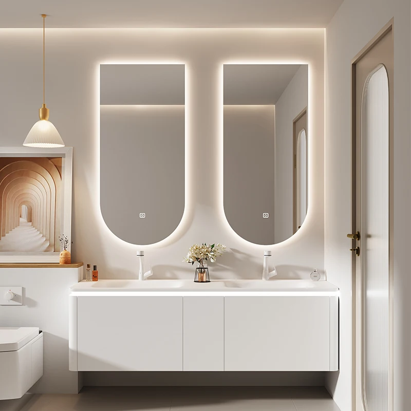 Lavabo integrado personalizado, mueble de baño de roble, soporte de baño, espejo inteligente, lavabo doble, importado - imagen 3