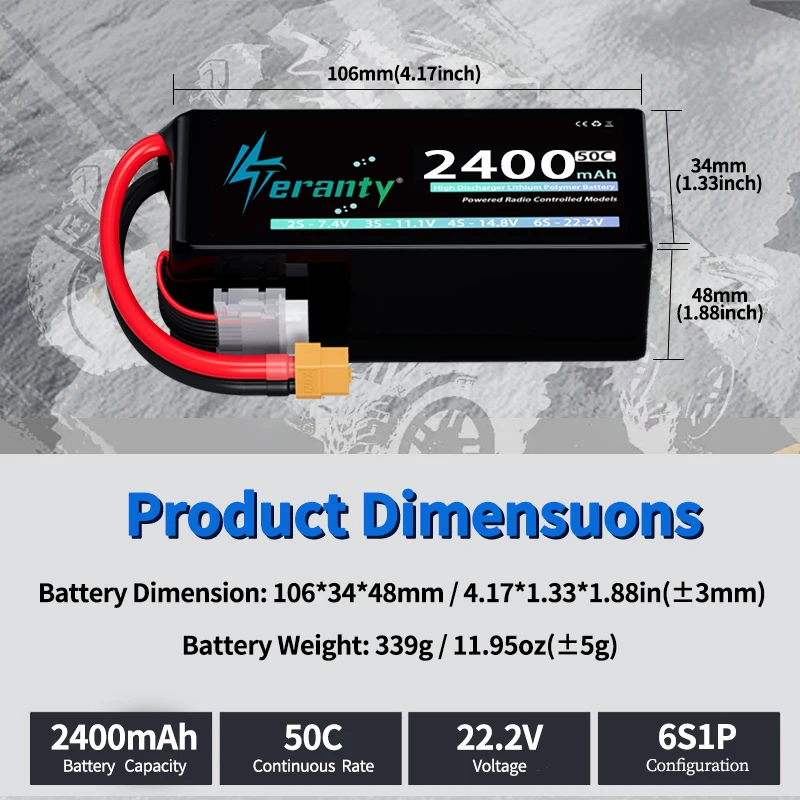 Teranty 6S 2400mAh Lipo Batería 22.2V 50C/100C con T XT60 Plug Softtcase para FPV Drone RC Helicóptero Avión RC Batería - imagen 4