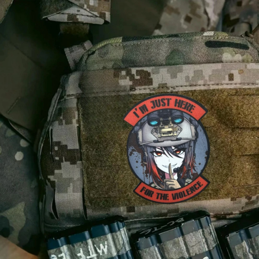 I'm Here for The Violence moral Badge, parche militar, pegatina de chica de Anime táctico, parches de impresión de gancho y bucle, mochila - imagen 3