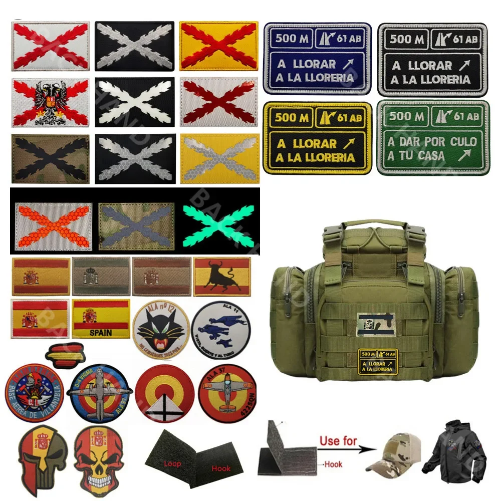 Parches de gancho y bucle de bandera española en mochila, parche de bandera de España, insignia táctica militar de diez burdeos, emblema de tela reflectante IR