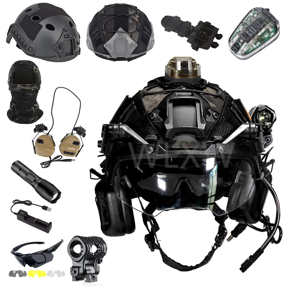 Casco rápido Airsoft con auriculares tácticos, gafas de seguridad, lámpara para casco, bolsa de batería, máscara, linterna, para Airsoft, Paintball al aire libre