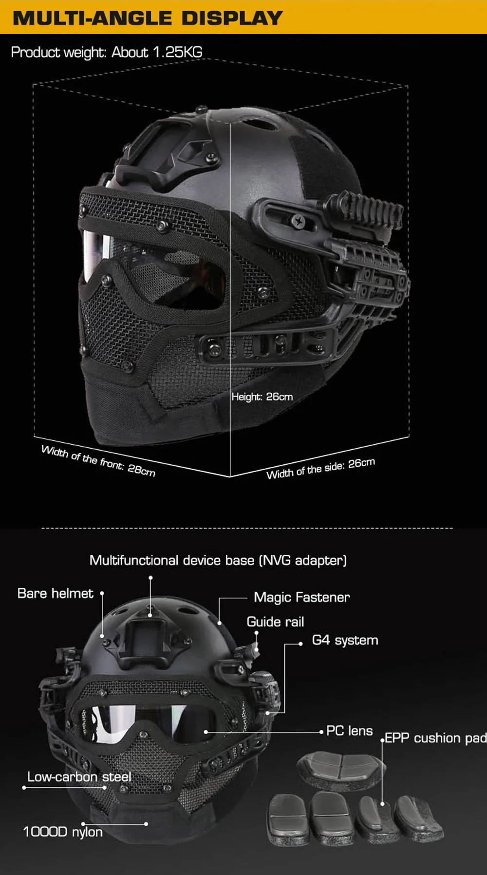 Vista lateral del casco táctico con rieles de accesorios