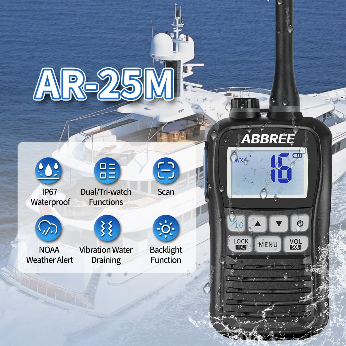 ABBREE-transceptor de Radio Marina AR-25M, walkie-talkie IP67, resistente al agua, VHF, buque flotante de mano, Radio bidireccional NOAA para barco - imagen 3