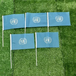 Bandera de mano SKY FLAG UN, 10/20/50/100 Uds., 21x14cm, banderas onduladas a mano de las Naciones Unidas con poste de plástico para decoración de actividades deportivas