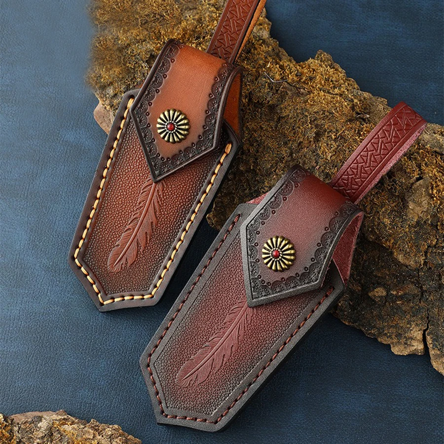 Juego de almacenamiento de cuchillos plegables, juego de cuchillos estampado cosido a mano de cuero curtido vegetal, capa superior de cuero de vaca, funda para cuchillos para exteriores - imagen 2