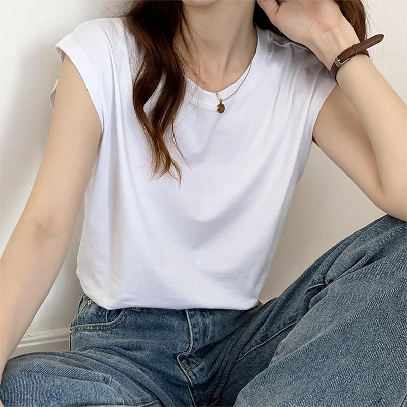 Camiseta sin mangas de verano para mujer, camisetas de Color sólido, chaleco suelto para mujer, camisetas informales transpirables, camisetas sin mangas de moda - imagen 3