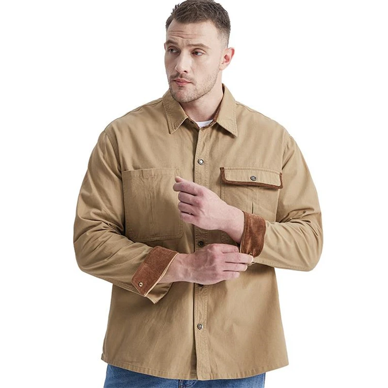 Camisa de algodón lavado de alta calidad para hombre, camisas casuales de Color sólido, blusa con cuello vuelto, Tops de manga larga - imagen 4