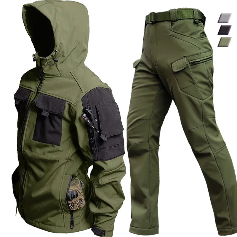 Trajes impermeables al aire libre para hombres, chaqueta táctica con capucha a prueba de viento, pantalones cálidos de lana, conjuntos térmicos militares con múltiples bolsillos, Otoño e Invierno - imagen 2