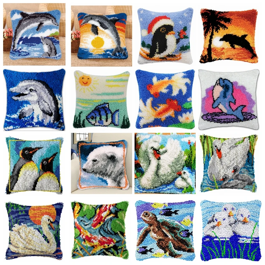 Gancho de pestillo de animales del océano, Kit de gancho de almohada bordado a mano, paquete de Smyrna