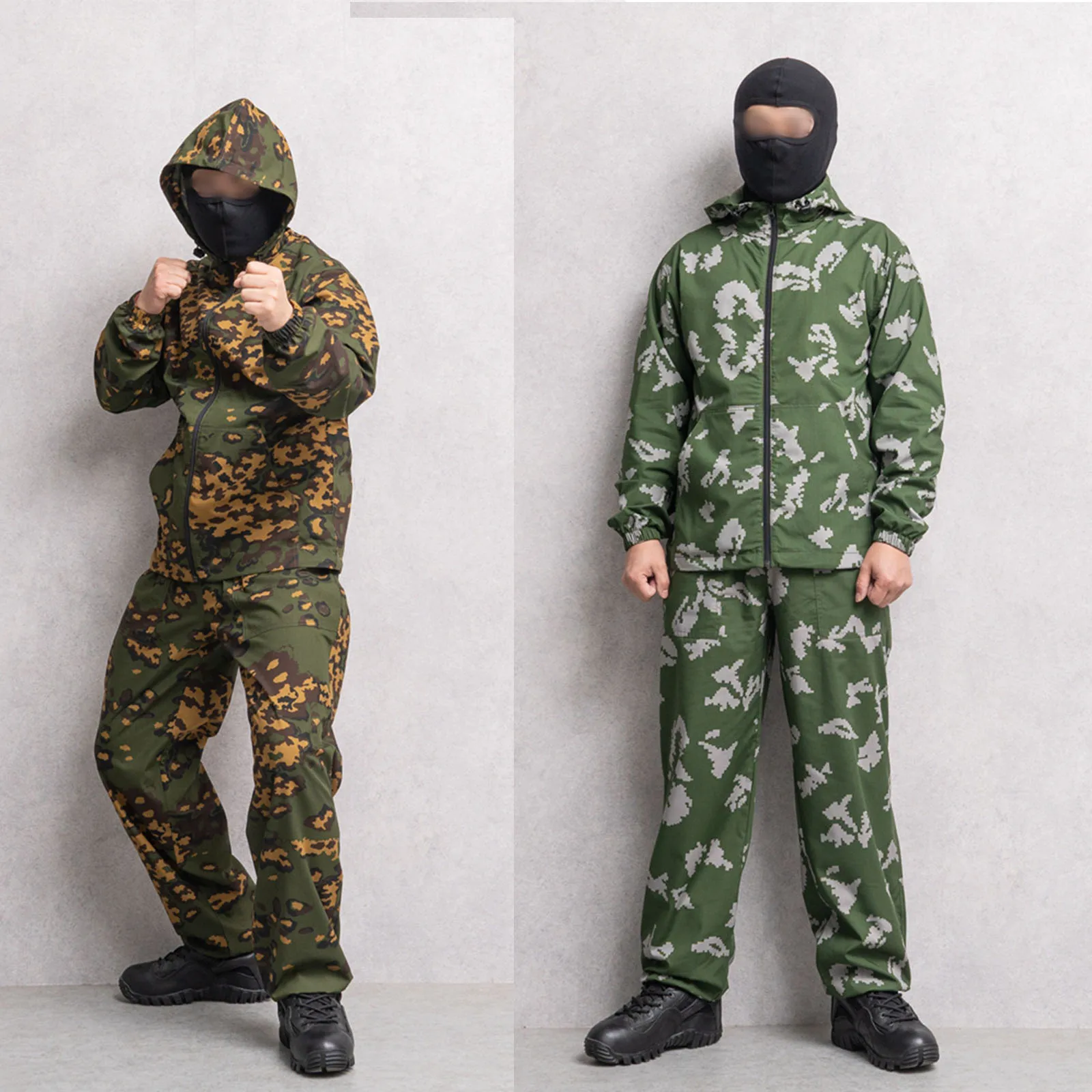 Traje de camuflaje militar ruso, chaqueta con capucha, flor blanca, pequeño hombre verde, ruinas, traje de protección solar de punto alemán