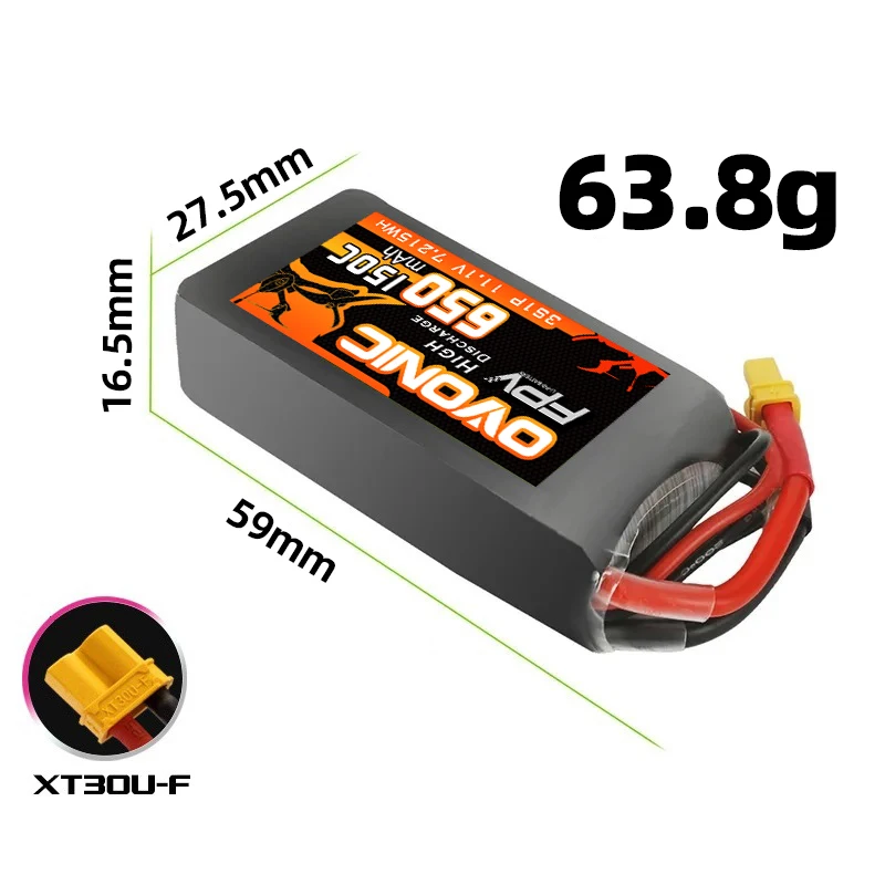 Batería LiPo OVONIC 11.1V 650mAh 3S 95C – Conector XT30 para FPV - imagen 4