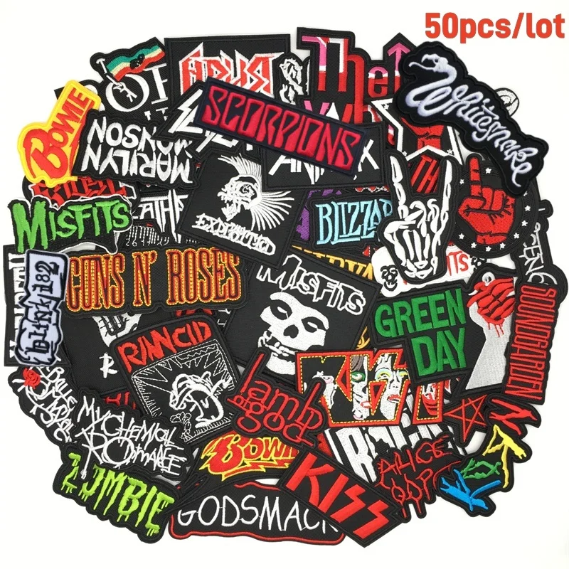 Lote de 50 Uds. De parches mixtos para planchar para ropa, chaqueta, pantalones vaqueros, insignias bordadas, pegatinas para ropa, apliques DIY, banda Rock Stripe