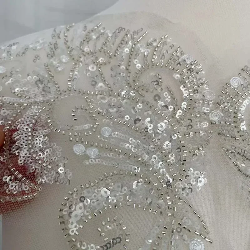 1 par/45*16CM flor blanca tubo de diamantes de imitación con cuentas lentejuelas bordado parche para coser, apliques de corpiño de encaje coser en parches para vestido - imagen 5