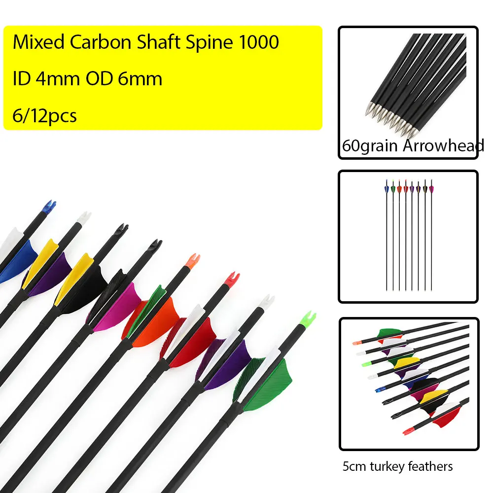 32 "SP1000 tiro con arco flecha de carbono mezclado ID4mm OD6mm 2" pluma de pavo 60Gr puntas de flecha arco tiro con arco objetivo entrenamiento caza - imagen 2