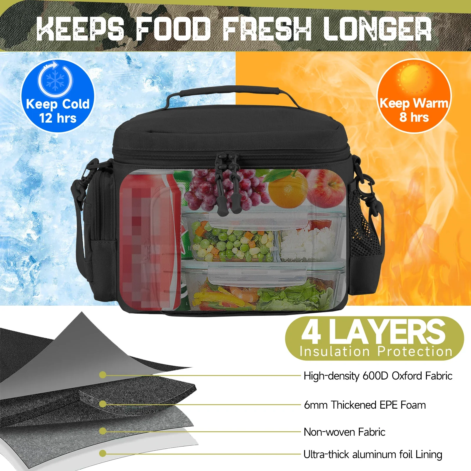 Bolsa térmica táctica para exteriores, fiambrera resistente para trabajo, bolsa de almuerzo duradera con aislamiento a prueba de fugas para hombres, comida, Camping, Picnic - imagen 4
