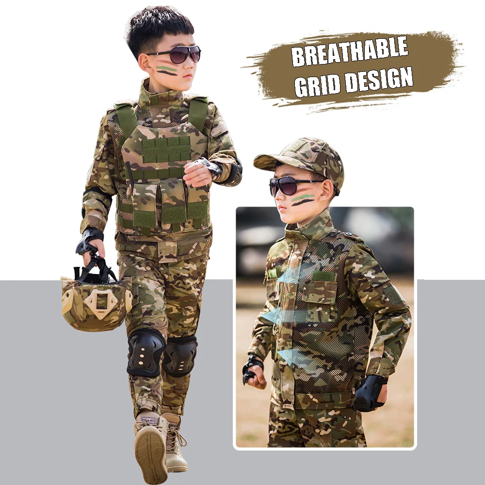 Conjunto de uniforme de entrenamiento militar para niños al aire libre, pantalones superiores de camuflaje de fuerzas especiales para niños y niñas, traje de combate para acampar