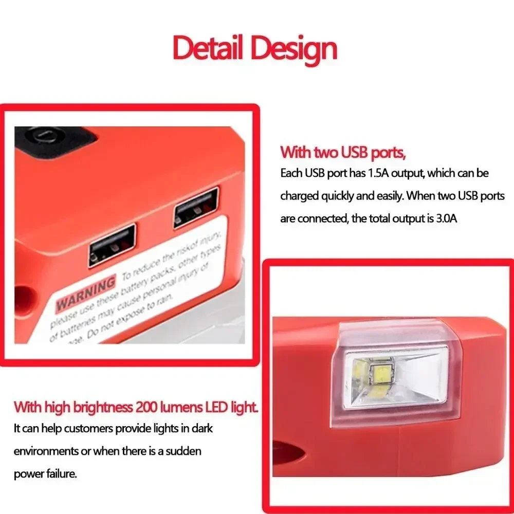 Adaptador de luz LED para Lámpara de trabajo, linterna USB, cargador de teléfono móvil, salida de CC de 12V para Milwaukee, batería de iones de litio de 18V, M18 - imagen 4