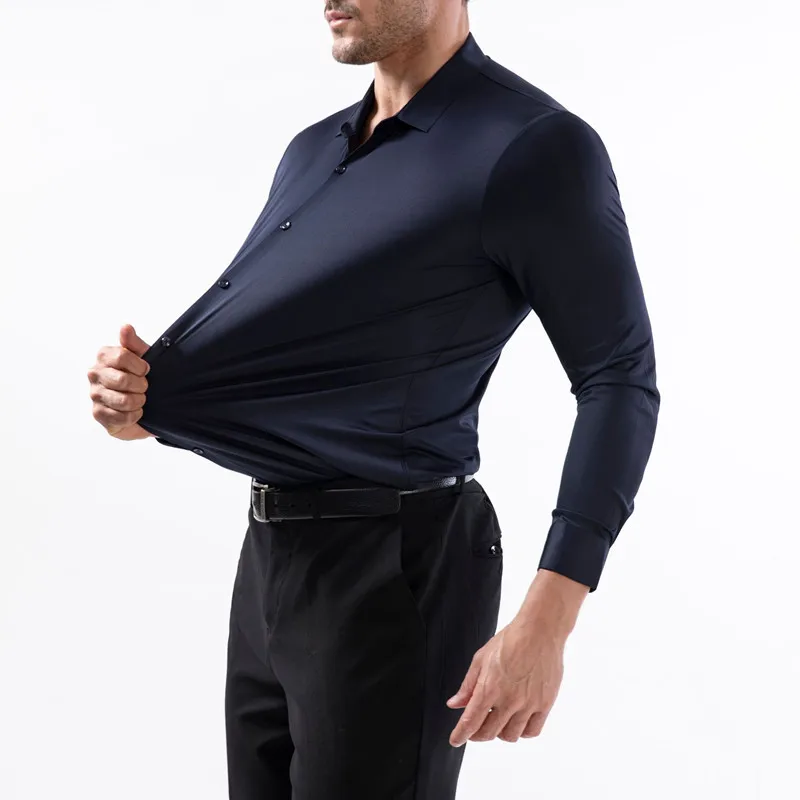 Camisa de negocios lisa sin hierro, camisa de manga larga elástica de 4 vías para hombre, Tops sedosos sin arrugas, camisas de vestir informales con elasticidad superior - imagen 3