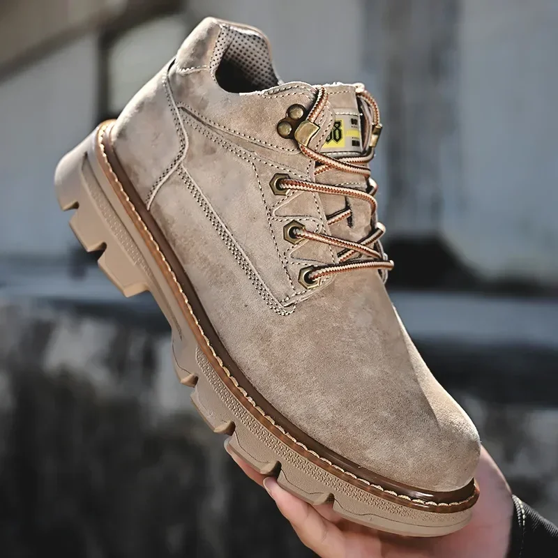 Botas de cuero genuino para hombre, ropa de trabajo de fondo grueso de estilo inglés, zapatos de invierno para exteriores, botas de media caña para hombre