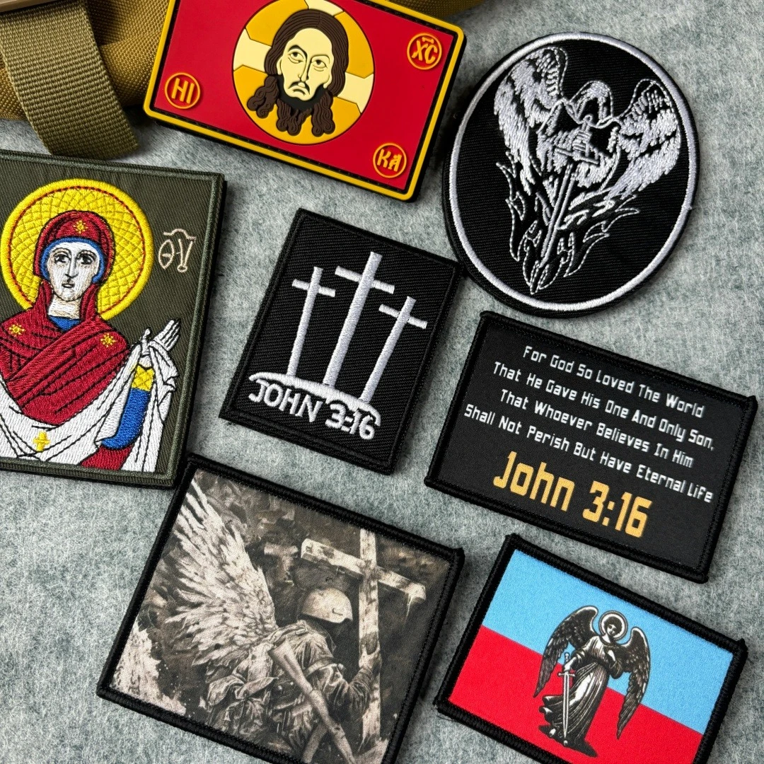 Parche táctico de la Virgen María John 3:16, parches de gancho y bucle, brazalete de Ángel de la victoria, insignia de moral del ejército militar, pegatinas para mochila