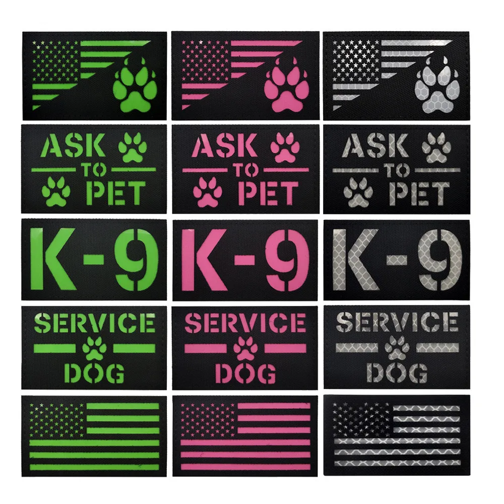 ASK TO PET SERVICE Perro parche IR K-9 bandera de EE. UU. Pata de perro reflectante nailon brazalete táctico insignias para ropa chaleco bolsa decoración