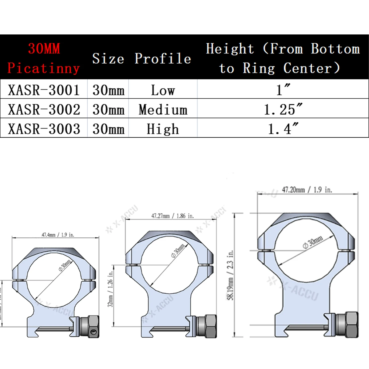 Anillos de Montaje Vector Optics X-ACCU 1" 25.4/30/34/35mm Perfil Bajo/Medio/Alto para Riel Picatinny/Dovetail de Rifle 20/11mm - imagen 3