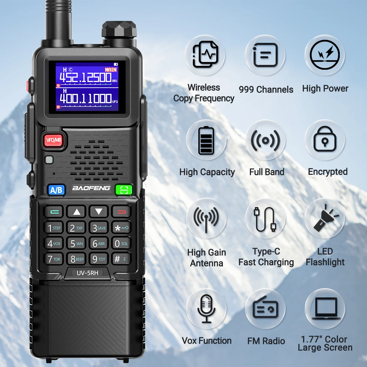 Baofeng UV-5RH 10W Air Band Walkie Talkie 3800mAh Frecuencia de copia inalámbrica Banda completa NOAA Tipo-C Radio de largo alcance UV-5R mejorada - imagen 2