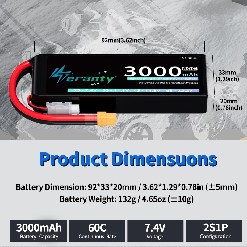2 uds TERANTY 2S Lipo batería 7,4 V 7,6 V 3000mAh 60C 80C con enchufe T XT60 para Dron FPV RC camiones barco helicóptero avión - imagen 3