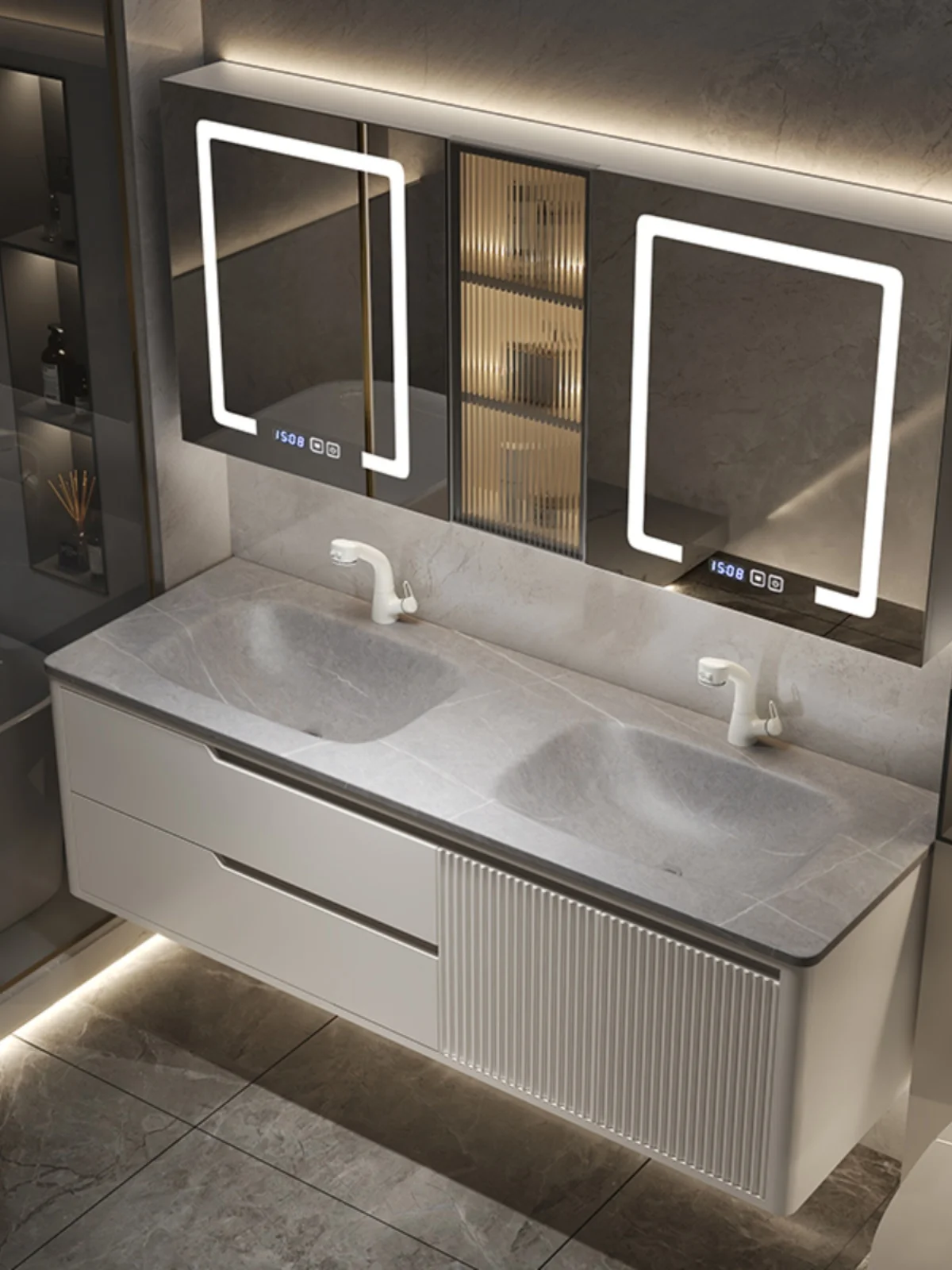 Inodoro de doble lavabo integrado, mueble de baño sencillo y ligero de lujo, lavabo combinado de roble, lavado de manos y lavado de cara - imagen 4