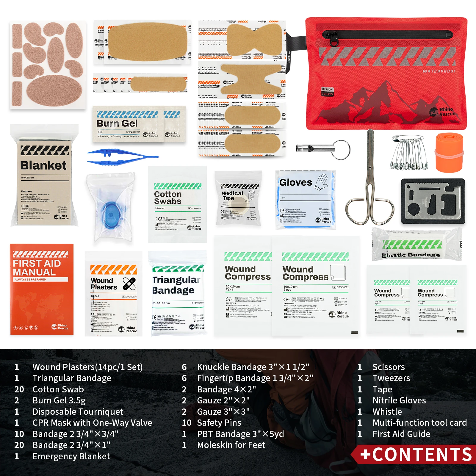 Rhino Rescue Pequeño botiquín de primeros auxilios - Botiquín médico ultraligero impermeable para senderismo, mochilero, ciclismo, vehículos de viaje - imagen 3