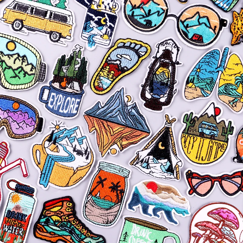 Parche de montaña para planchar, parches termoadhesivos para ropa, parche bordado para acampar en la naturaleza, bucle de gancho Diy