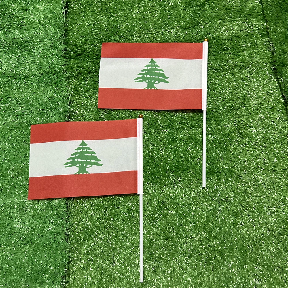 Banderas SKY Banderas onduladas a mano del Líbano 10/20/50/100 Uds 14*21cm banderas de mano del Líbano con asta de bandera de plástico bandera de impresión de poliéster - imagen 3