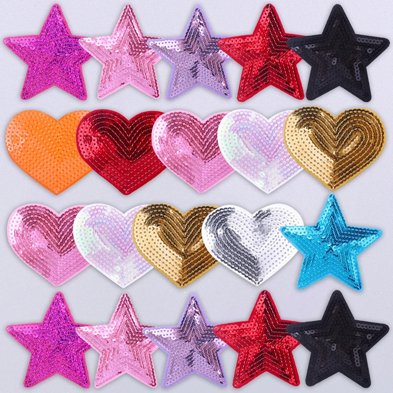 Parche bordado rosa con forma de corazón y estrella brillante, parches para planchar, diseño de lentejuelas brillantes para chaqueta vaquera, pegatinas decorativas ostentosas para niñas