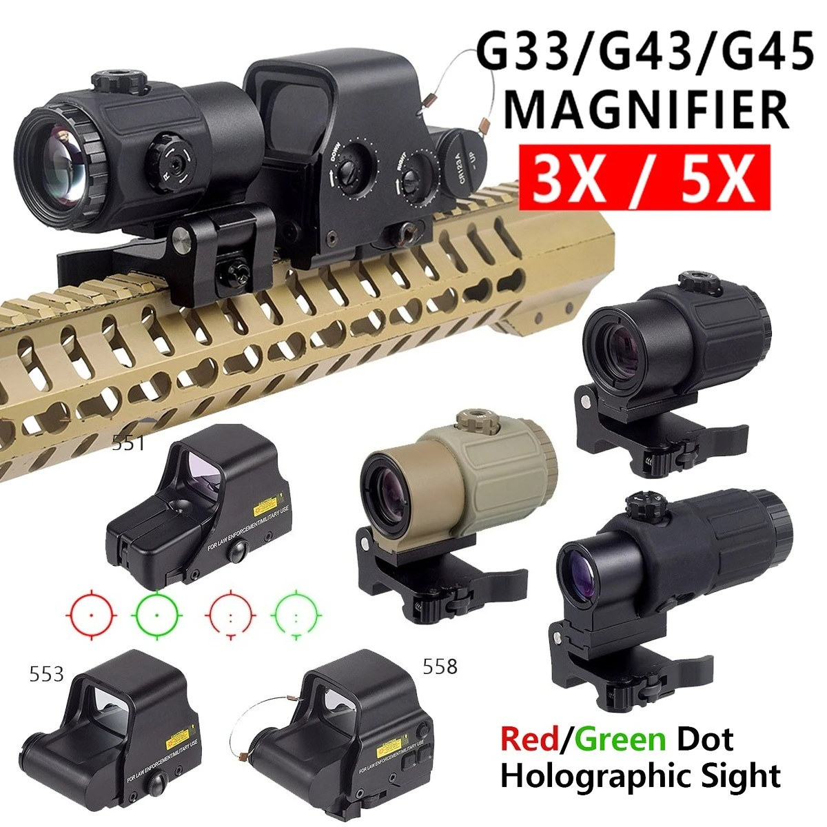 Mira táctica 558 G33 G43 G45, lupa fija 3X 5X con interruptor de montaje en UN, montaje lateral QD para mira telescópica de caza Airsoft