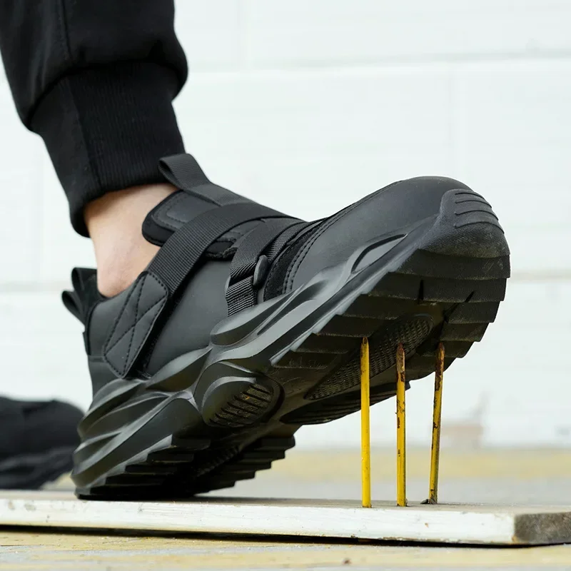 Botas de seguridad para hombre, botas de trabajo con punta de acero, color negro, antigolpes, antipinchazos, zapatos protectores ligeros de cuero de microfibra - imagen 4