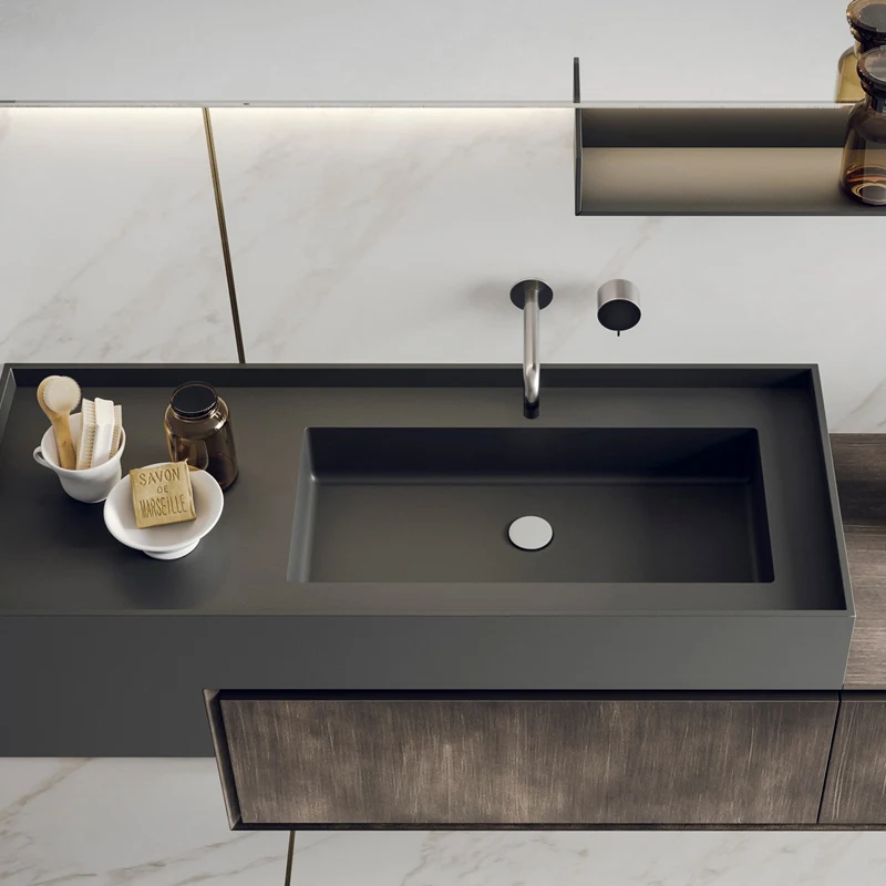 Nueva placa de roca ligera de lujo, lavabo integrado para lavar a mano, lavabo montado en la pared de piedra Artificial personalizado, plataforma inferior - imagen 2