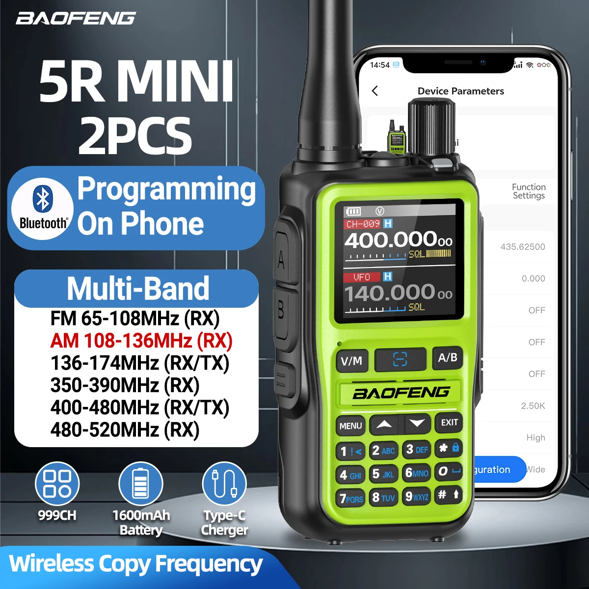 Baofeng UV 5R Mini Walkie Talkie Bluetooth frecuencia de programación tipo C cargador doble banda PTT AM/FM Camping Radio portátil de 2 vías