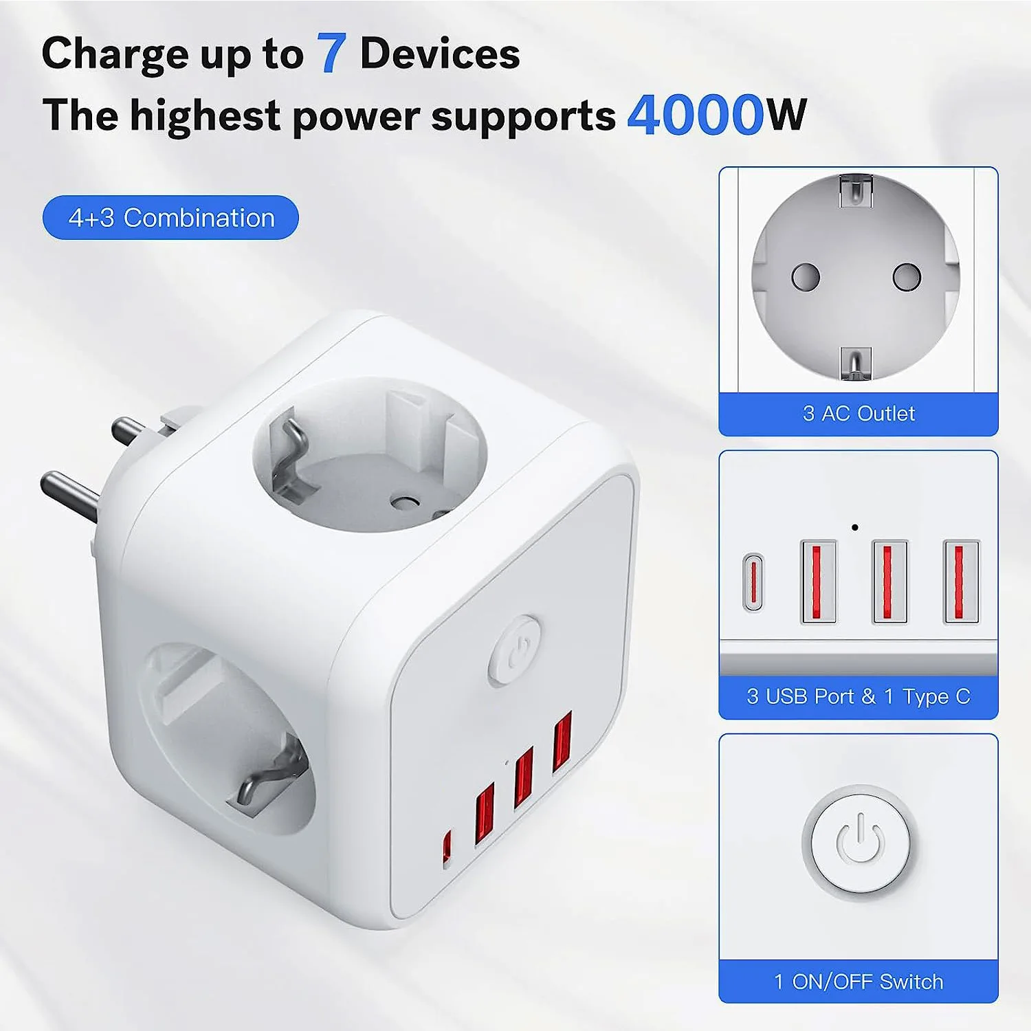 Regleta de pared triple enchufes USB cargador tipo C – Todo en uno - imagen 4