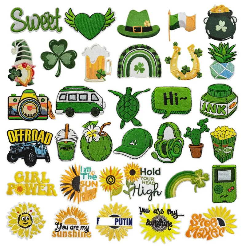Nuevo parche para planchar serie verde patrón de moda dibujos animados girasol sonriente tela de girasol bordado accesorios de ropa insignia - imagen 2