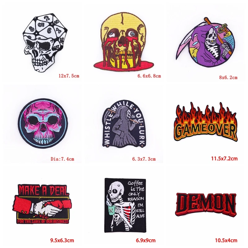 Prajna parches bordados con letras de demonio Punk para ropa, insignia de Calavera, parches de planchado para ropa, Parche de llama de roca DIY, 10 unids/lote - imagen 3