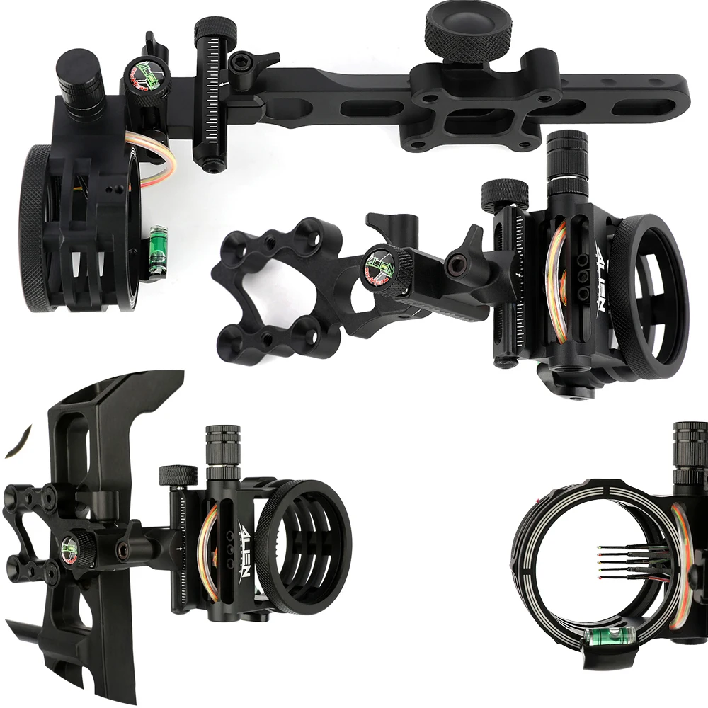 Mira de arco compuesto de 5 agujas, ajuste de cuatro vías, aleación de aluminio CNC, escala transparente L/R, arco manual, tiro con arco, mira de tiro con arco