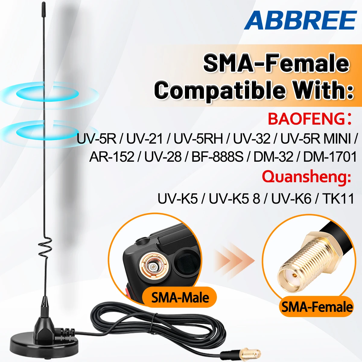 ABBREE AD-109 antena de Radio móvil magnética de doble banda VHF UHF SMA-hembra/PL259 para Baofeng Walkie Talkie UV-5RH BF-888S UV-32 - imagen 5