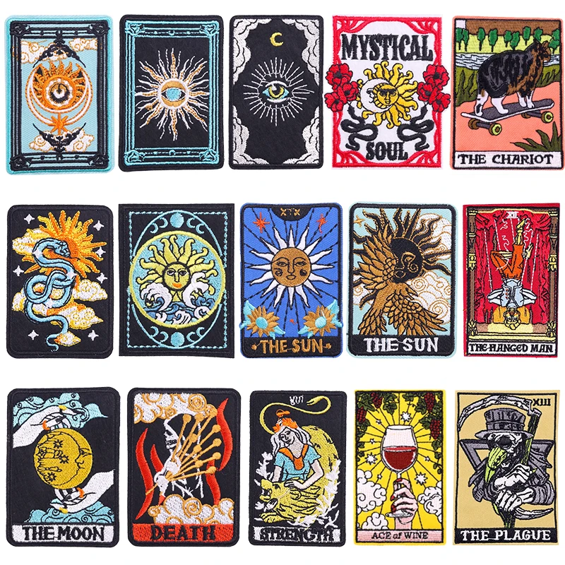Parches bordados de cartas de Tarot para ropa, parches termoadhesivos para planchar el sol y la luna, insignia táctica DIY
